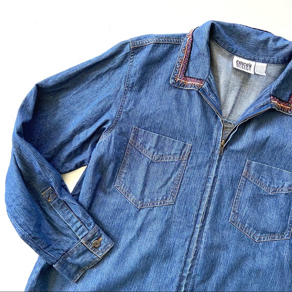 Vintage Chico’s Design Embellished Beaded Camel Cotton Zip Denim Shirt Jacket - Picture 3 of 10